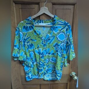 Anthropologie Blue and Green Floral Blouse